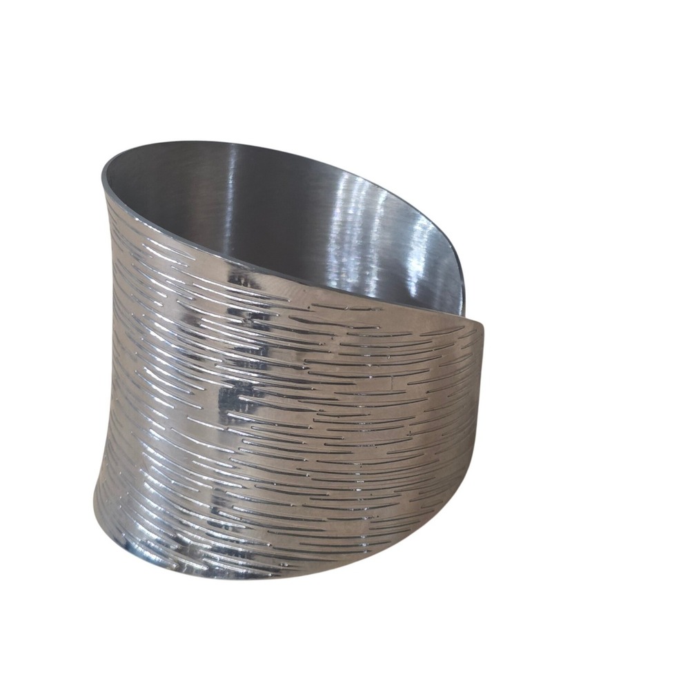 Silver Stainless Steel Wide Ribbed Textured Cuff Statement Bracelet Bangle - Picture 2 of 5
